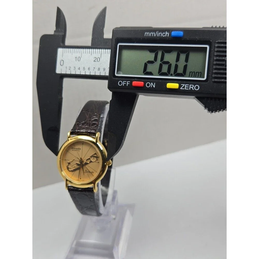 Womens Vintage Nivada Bermuda Map Swiss Quartz Gold Leather Watch New Battery
